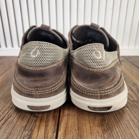 Olukai Makia Lace Mens Sz 11 Brown Leather Mesh Gray Lace Up Casual Street Shoes - Picture 4 of 9